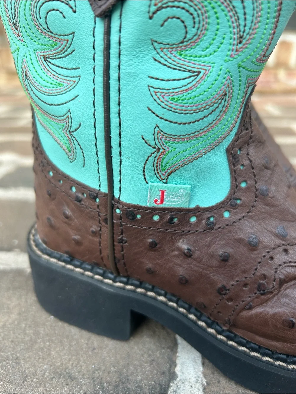 Justin Gypsy Ostrich Western Boots Chocolate Brown Turquoise Leather Girls 12